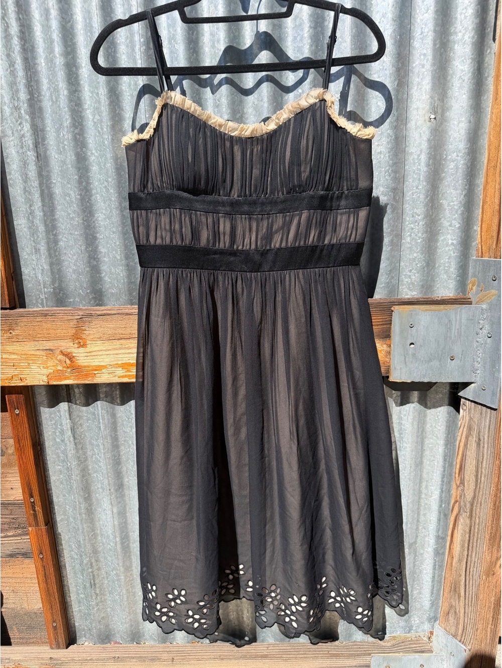 Vintage Y2K BCBG Paris Silk Chiffon Midi Dress, Nude w/ Black Overlay, Size 10